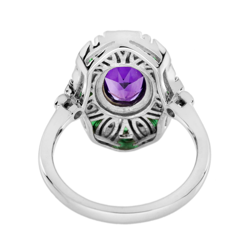 2.70 Ctw Art Deco Emerald, Amethyst & Diamond 14K White Gold Ring