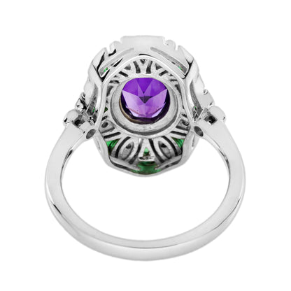 Amethyst & Emerald Diamond Vintage Inspired Art Deco Style White Gold Ring