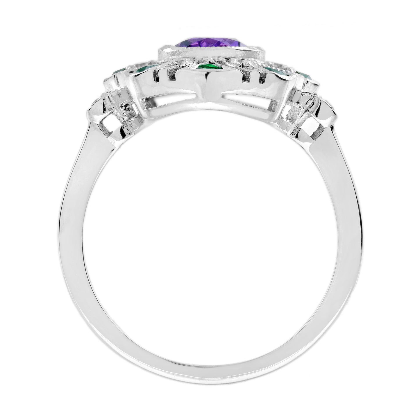 amethyst & emerald diamond vintage inspired art deco style white gold ring