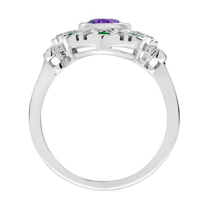 Amethyst & Emerald Diamond Vintage Inspired Art Deco Style White Gold Ring