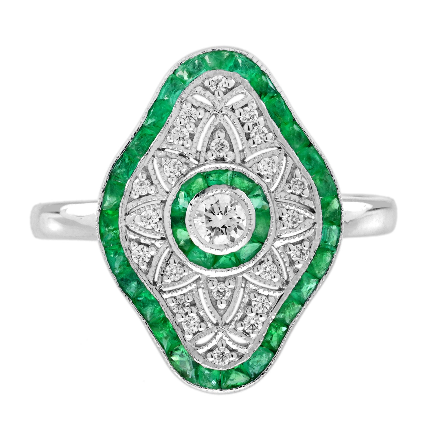 Diamond &amp; Green Emerald Art Deco Inspired Style White Gold Ring