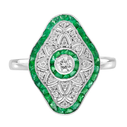 Diamond &amp; Green Emerald Art Deco Inspired Style White Gold Ring