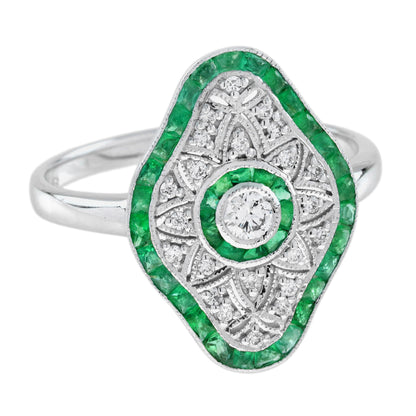 Diamond &amp; Green Emerald Art Deco Inspired Style White Gold Ring