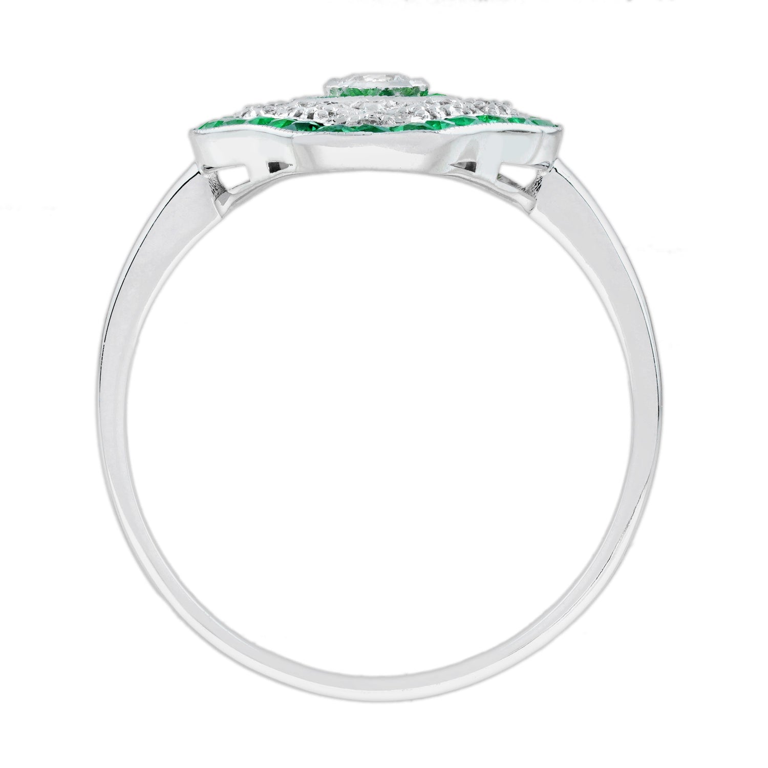 Diamond &amp; Green Emerald Art Deco Inspired Style White Gold Ring