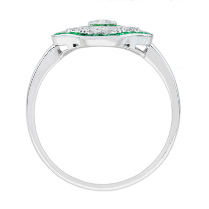 Diamond &amp; Green Emerald Art Deco Inspired Style White Gold Ring