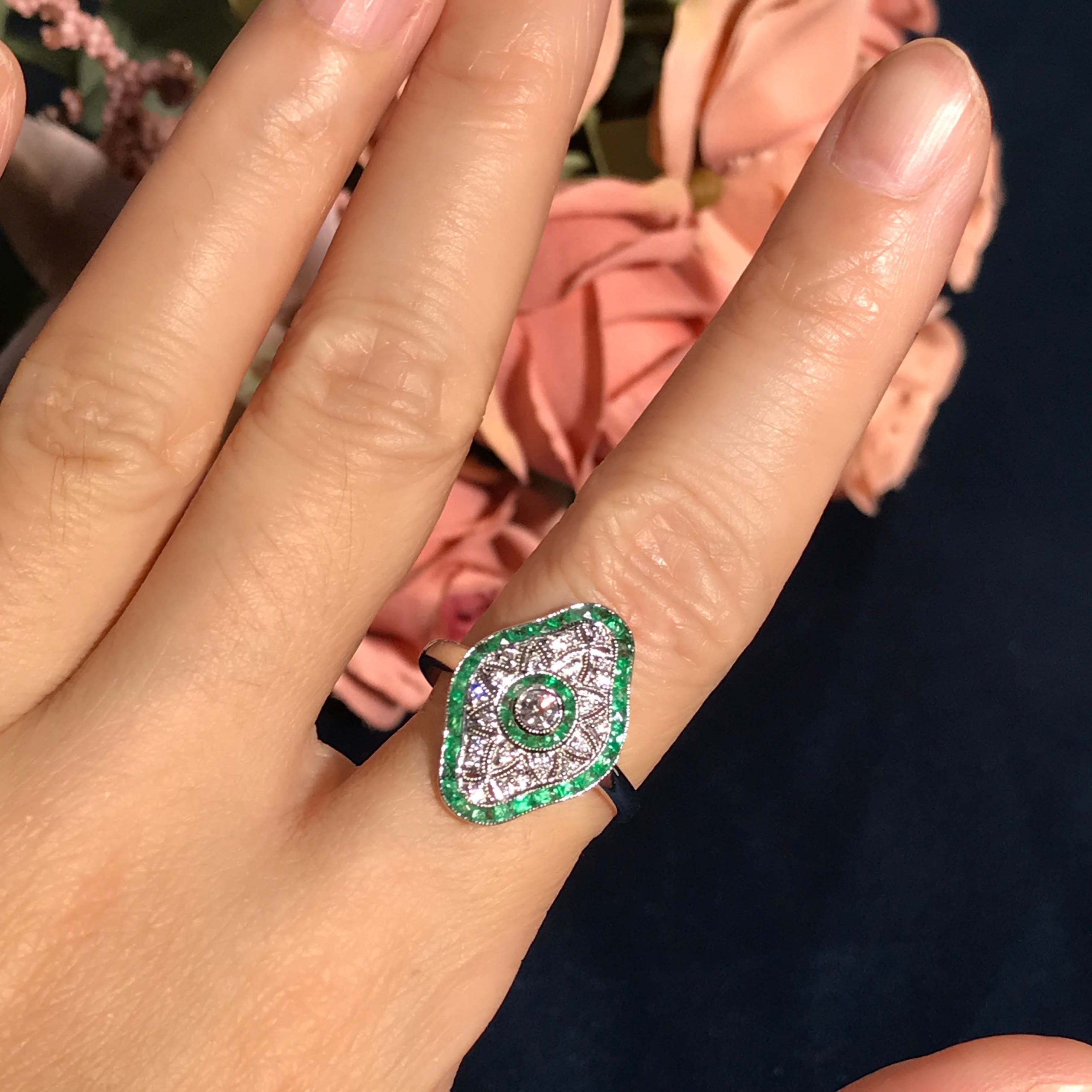 Diamond &amp; Green Emerald Art Deco Inspired Style White Gold Ring