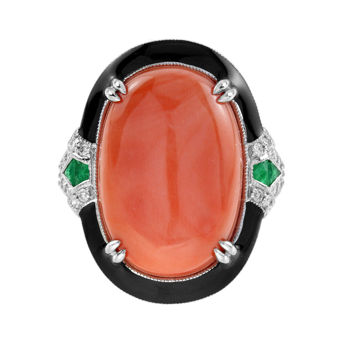 Orange Red Coral Emerald Diamond Art Deco Style 14K White Gold Black Enamel Ring