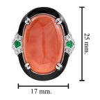 Orange Red Coral Emerald Diamond Art Deco Style 14K White Gold Black Enamel Ring