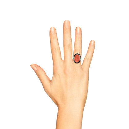 Orange Red Coral Emerald Diamond Art Deco Style 14K White Gold Black Enamel Ring