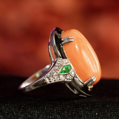 Orange Red Coral Emerald Diamond Art Deco Style 14K White Gold Black Enamel Ring