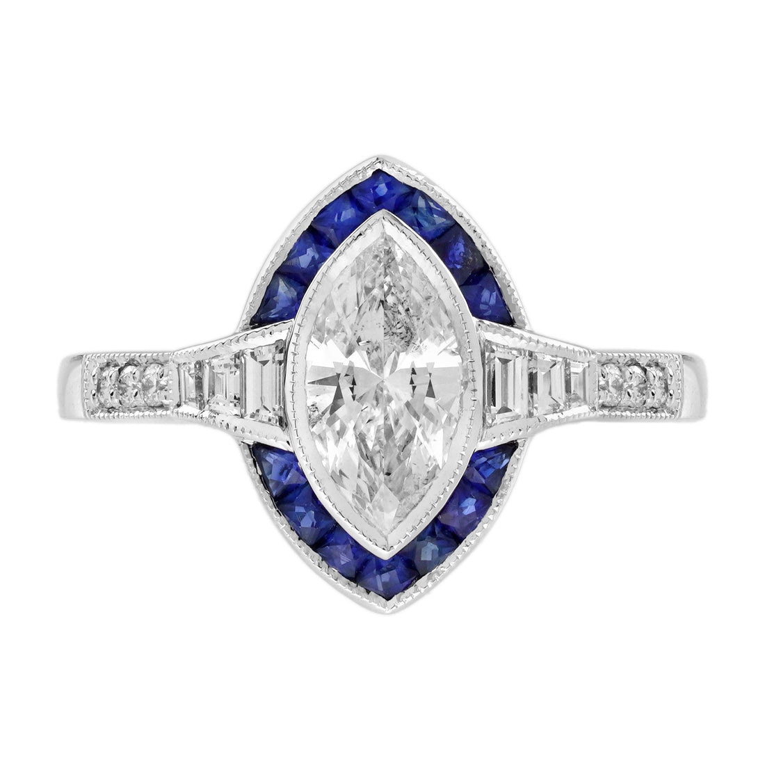 Marquise Shape Cut Diamond &amp; Blue Sapphire Halo Art Deco Style White Gold Ring