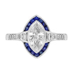 1.79 Ctw Art Deco Diamond & Blue Sapphire 18K White Gold Halo Ring