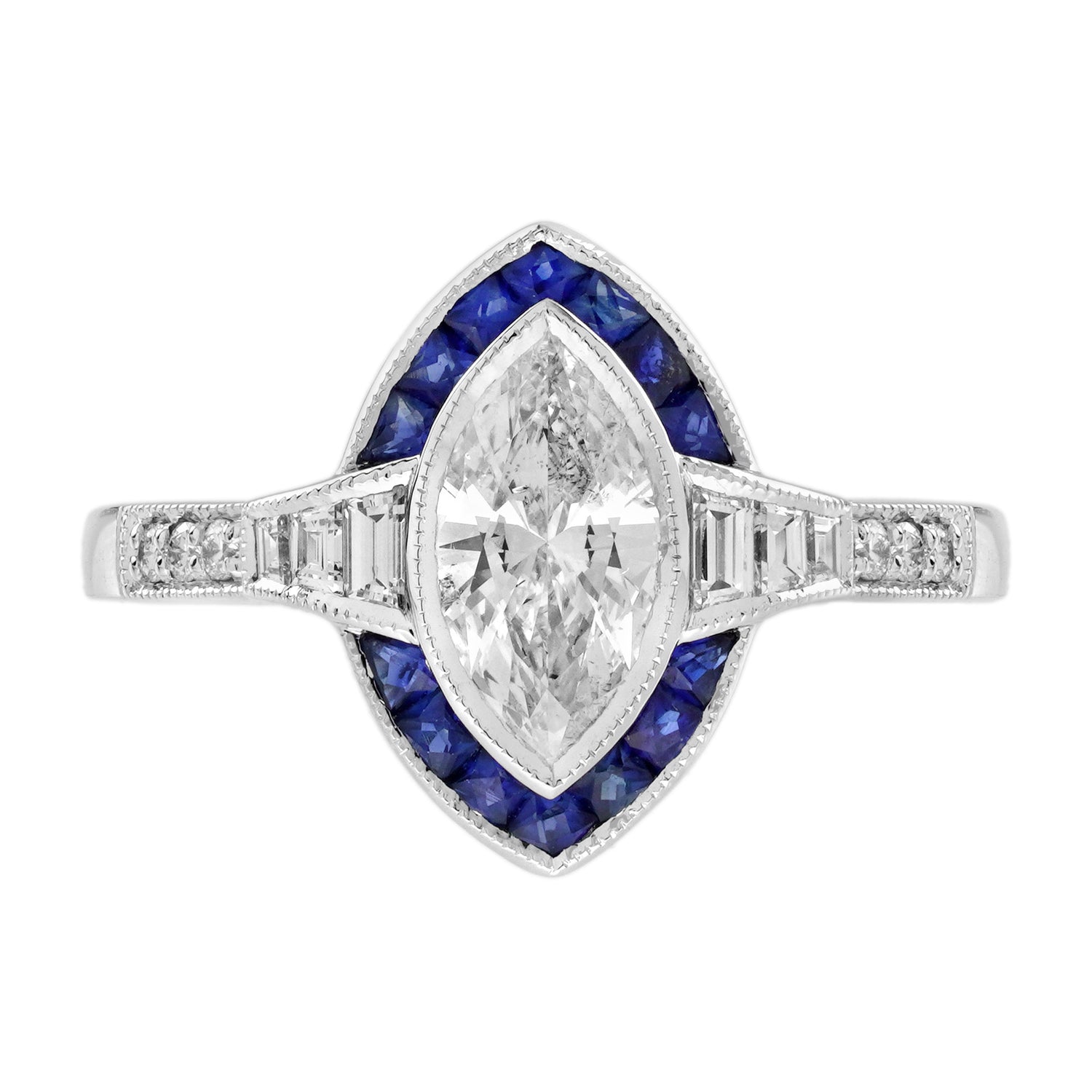 Marquise Shape Cut Diamond &amp; Blue Sapphire Halo Art Deco Style White Gold Ring
