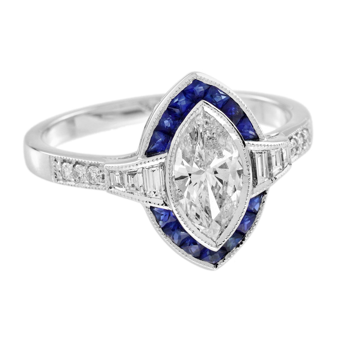 Marquise Shape Cut Diamond &amp; Blue Sapphire Halo Art Deco Style White Gold Ring