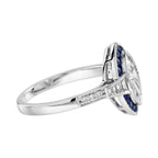 1.79 Ctw Art Deco Diamond & Blue Sapphire 18K White Gold Halo Ring