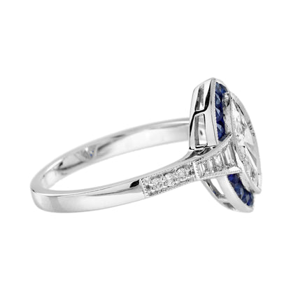 Marquise Shape Cut Diamond &amp; Blue Sapphire Halo Art Deco Style White Gold Ring