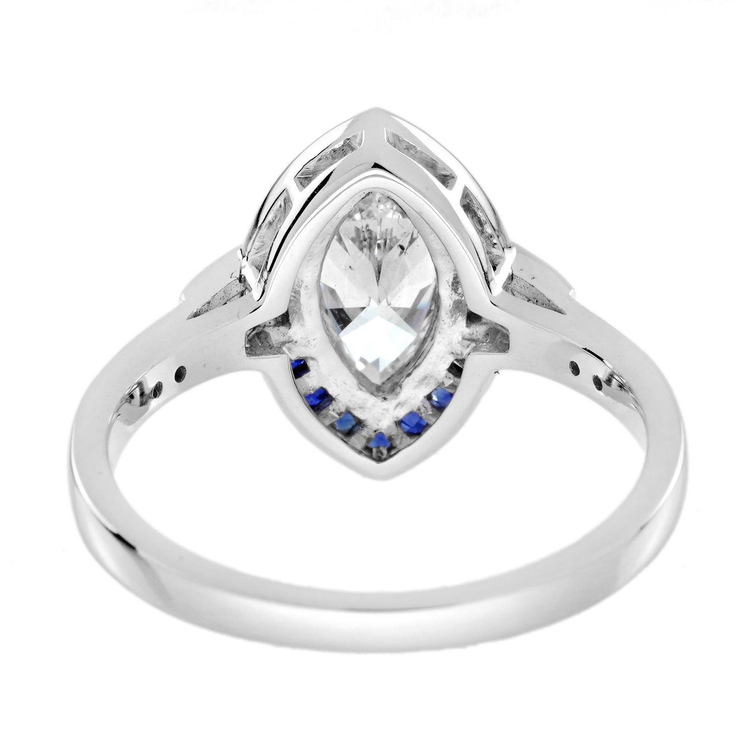 Marquise Shape Cut Diamond &amp; Blue Sapphire Halo Art Deco Style White Gold Ring