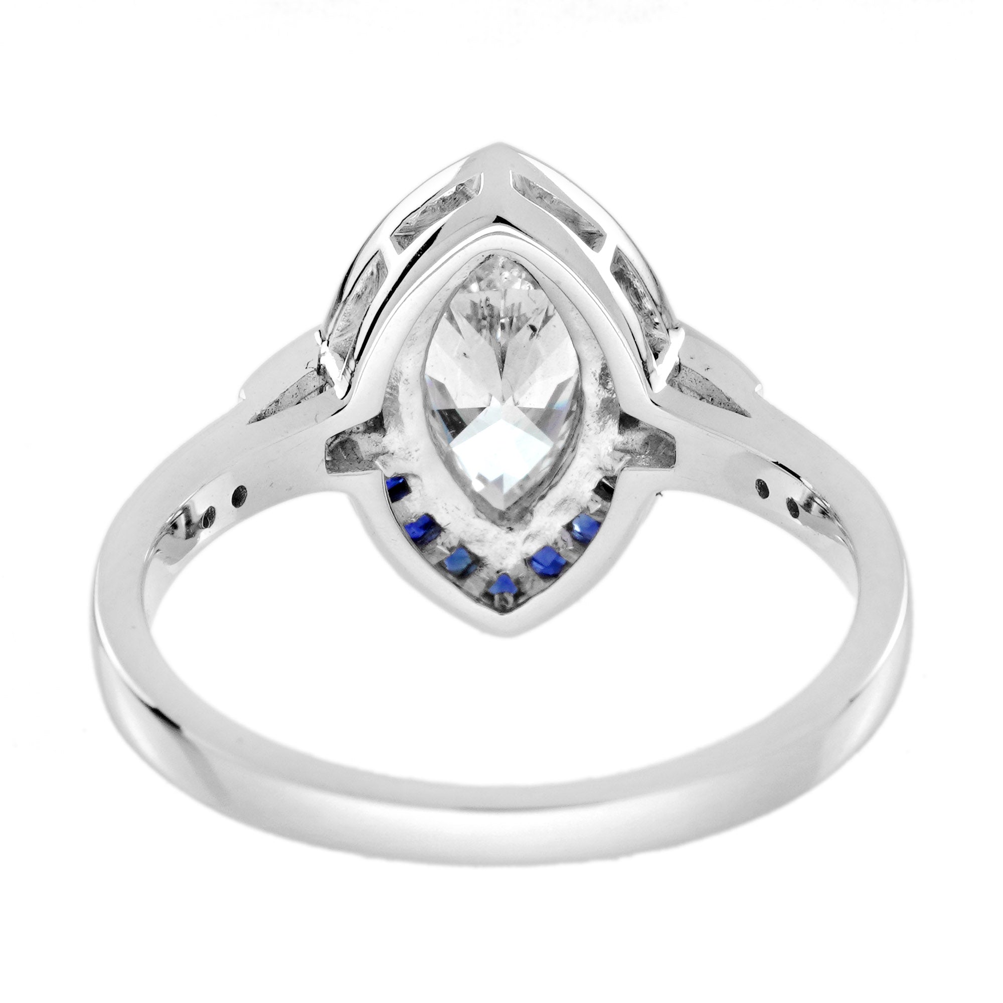 Marquise Shape Cut Diamond &amp; Blue Sapphire Halo Art Deco Style White Gold Ring