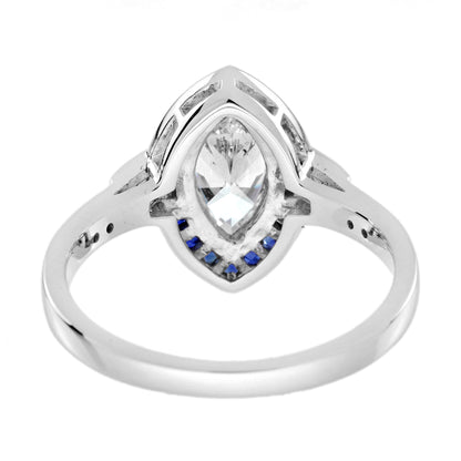 Marquise Shape Cut Diamond &amp; Blue Sapphire Halo Art Deco Style White Gold Ring