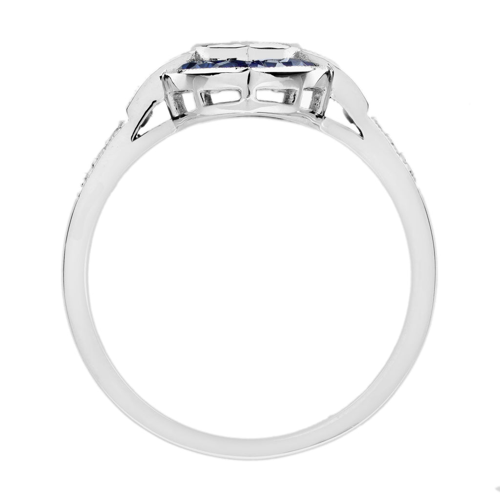 1.79 Ctw Art Deco Diamond & Blue Sapphire 18K White Gold Halo Ring