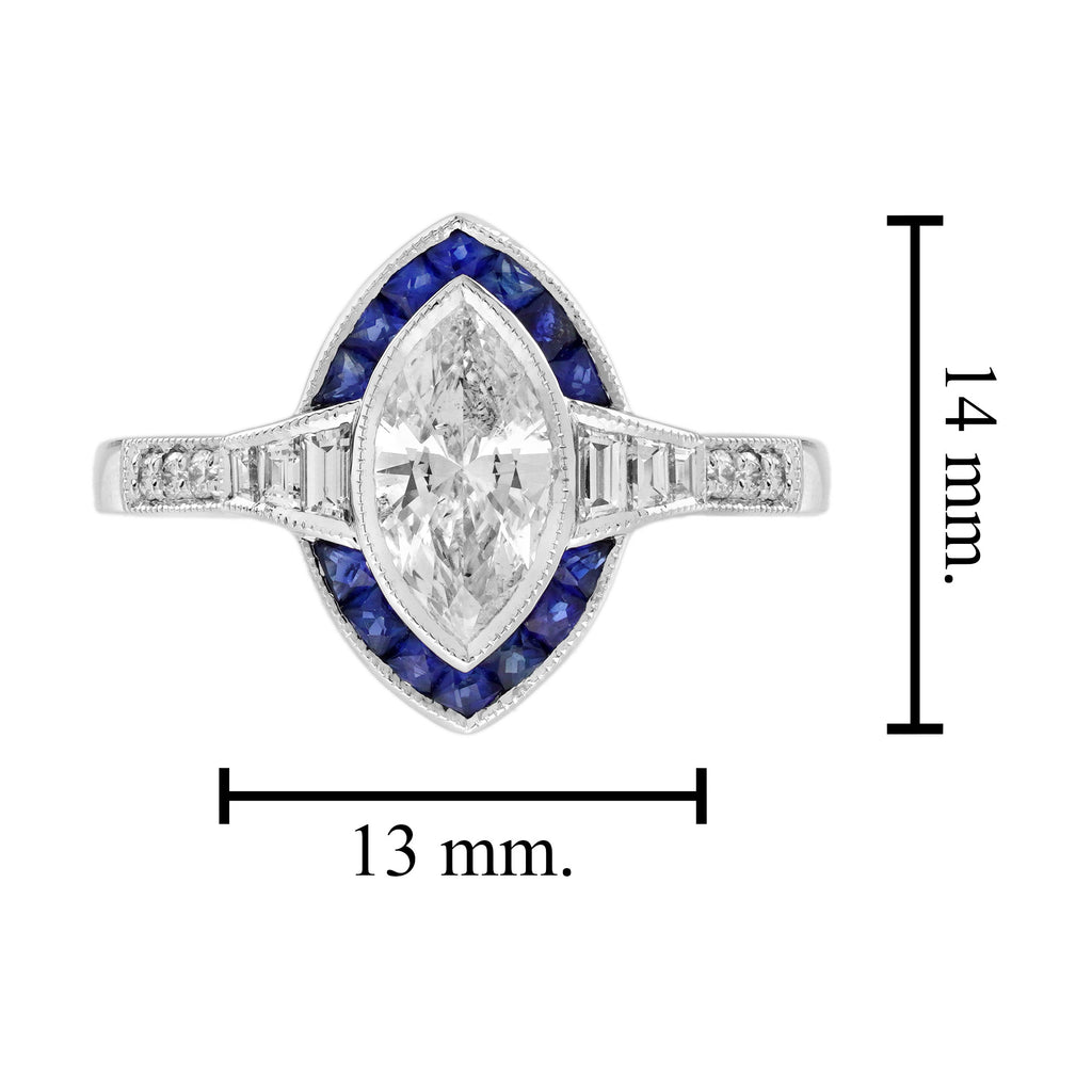 Marquise Shape Cut Diamond & Blue Sapphire Halo Art Deco Style White Gold Ring