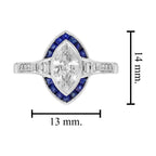 Marquise Shape Cut Diamond & Blue Sapphire Halo Art Deco Style White Gold Ring