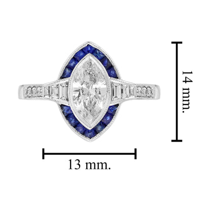 Marquise Shape Cut Diamond &amp; Blue Sapphire Halo Art Deco Style White Gold Ring