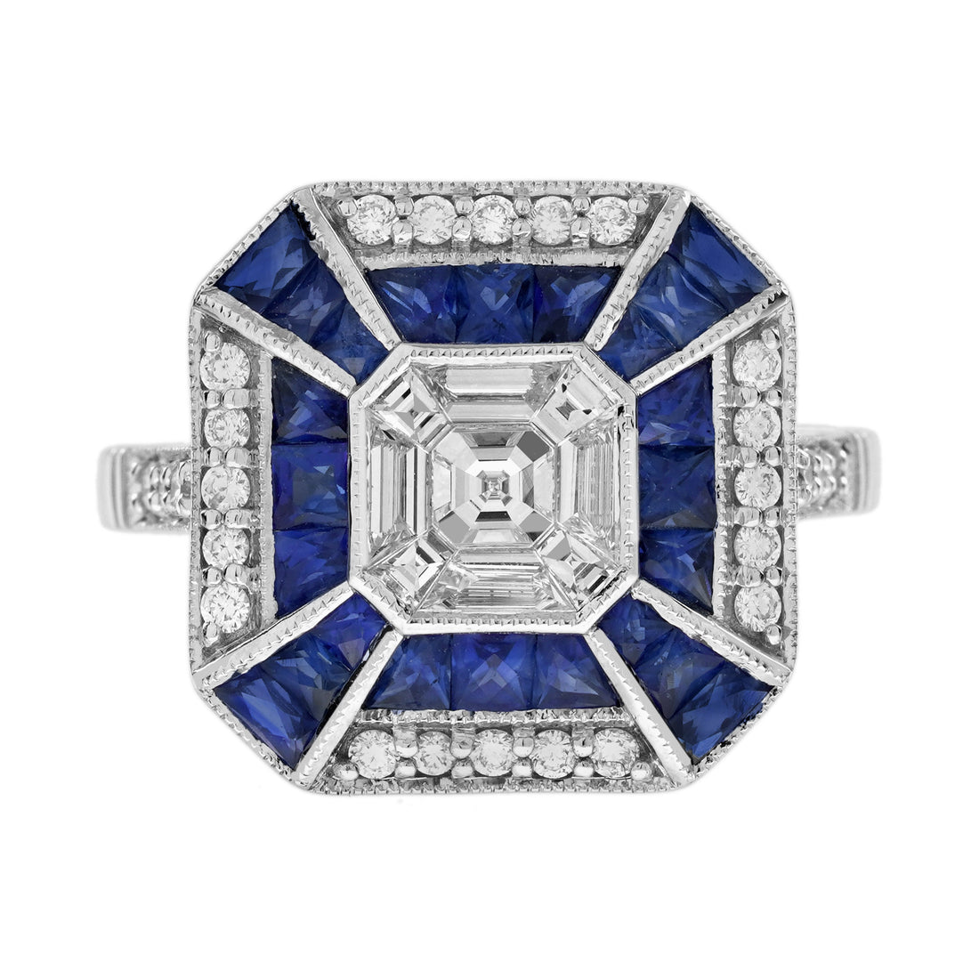 Asscher Cut Diamond Illusion Set Blue Sapphire Art Deco Style Hexagon Gold Ring