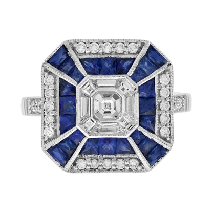 Asscher Cut Diamond Illusion Set Blue Sapphire Art Deco Style Hexagon Gold Ring