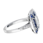 Asscher Cut Diamond Illusion Set Blue Sapphire Art Deco Style Hexagon Gold Ring