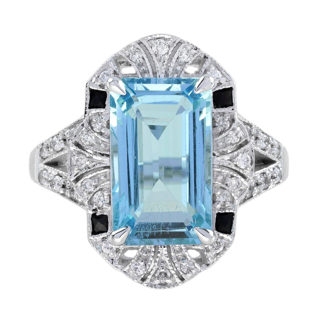 Rectangle Aquamarine Onyx Diamond Vintage Inspire Art Deco Style White Gold Ring