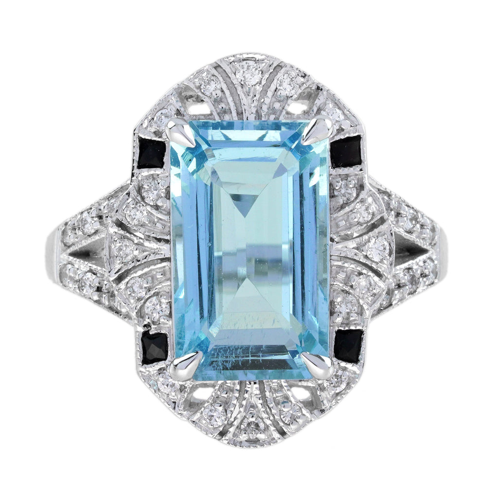 4.04 Ctw Vintage Inspired Art Deco Style Aquamarine, Onyx & Diamond 14K White Gold Ring