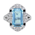 4.04 Ctw Vintage Inspired Art Deco Style Aquamarine, Onyx & Diamond 14K White Gold Ring