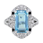 4.04 Ctw Vintage Inspired Art Deco Style Aquamarine, Onyx & Diamond 14K White Gold Ring