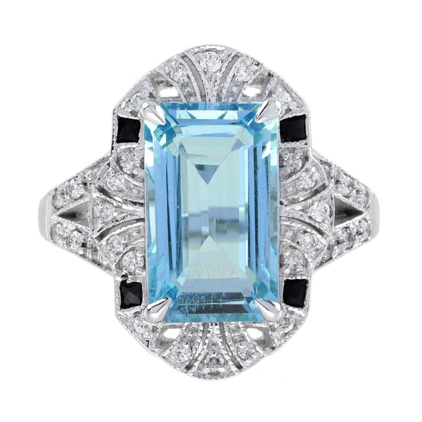 4.04 Ctw Vintage Inspired Art Deco Style Aquamarine, Onyx & Diamond 14K White Gold Ring