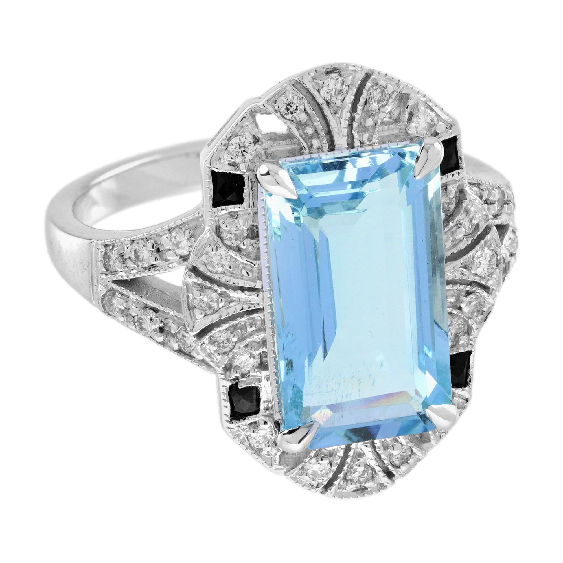 Rectangle Aquamarine Onyx Diamond Vintage Inspire Art Deco Style White Gold Ring