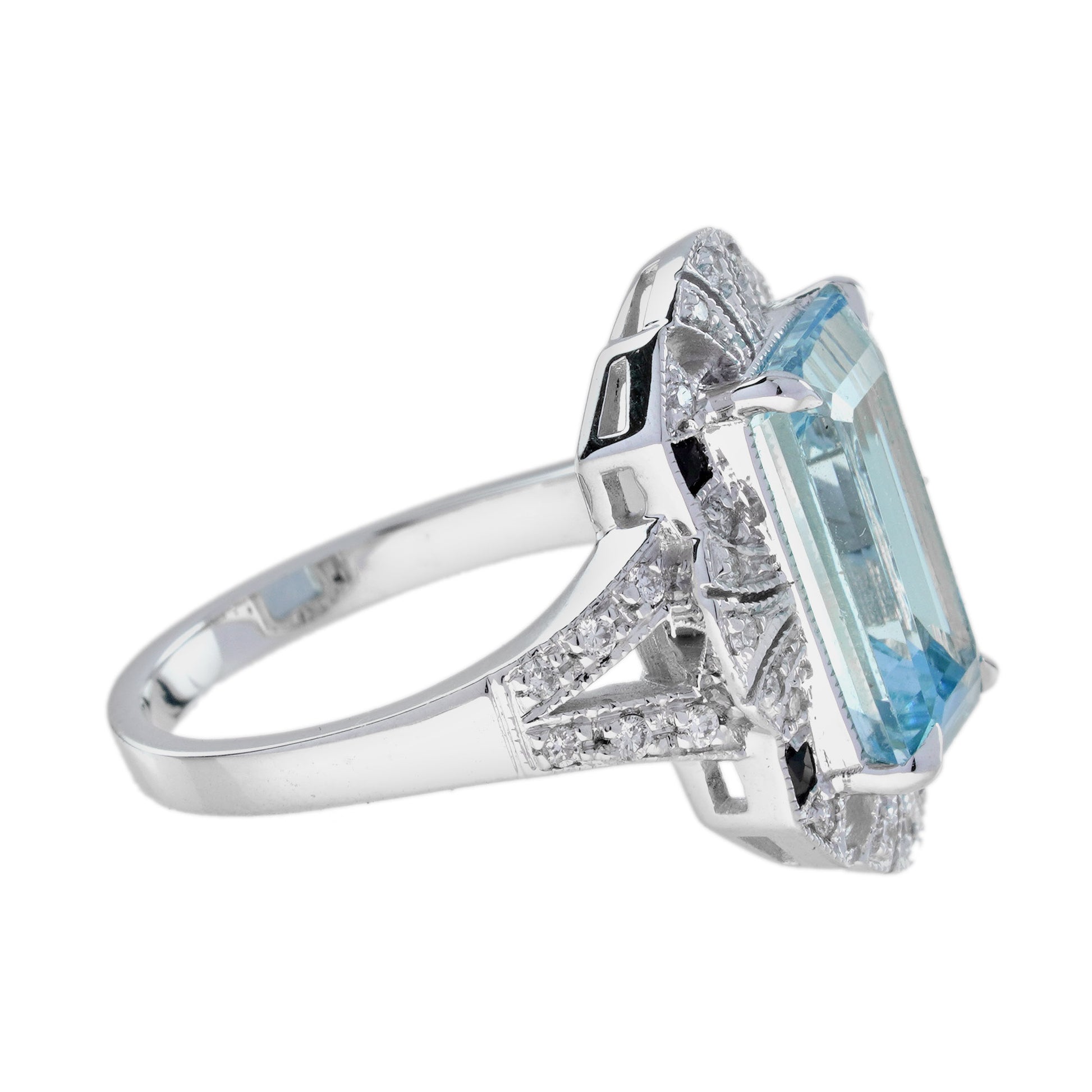 Rectangle Aquamarine Onyx Diamond Vintage Inspire Art Deco Style White Gold Ring