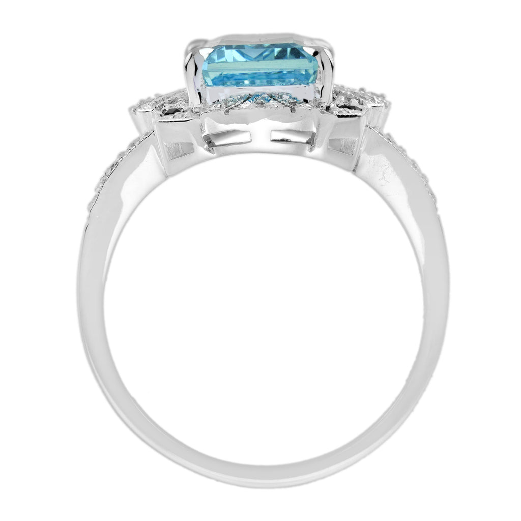 Rectangle Aquamarine Onyx Diamond Vintage Inspire Art Deco Style White Gold Ring