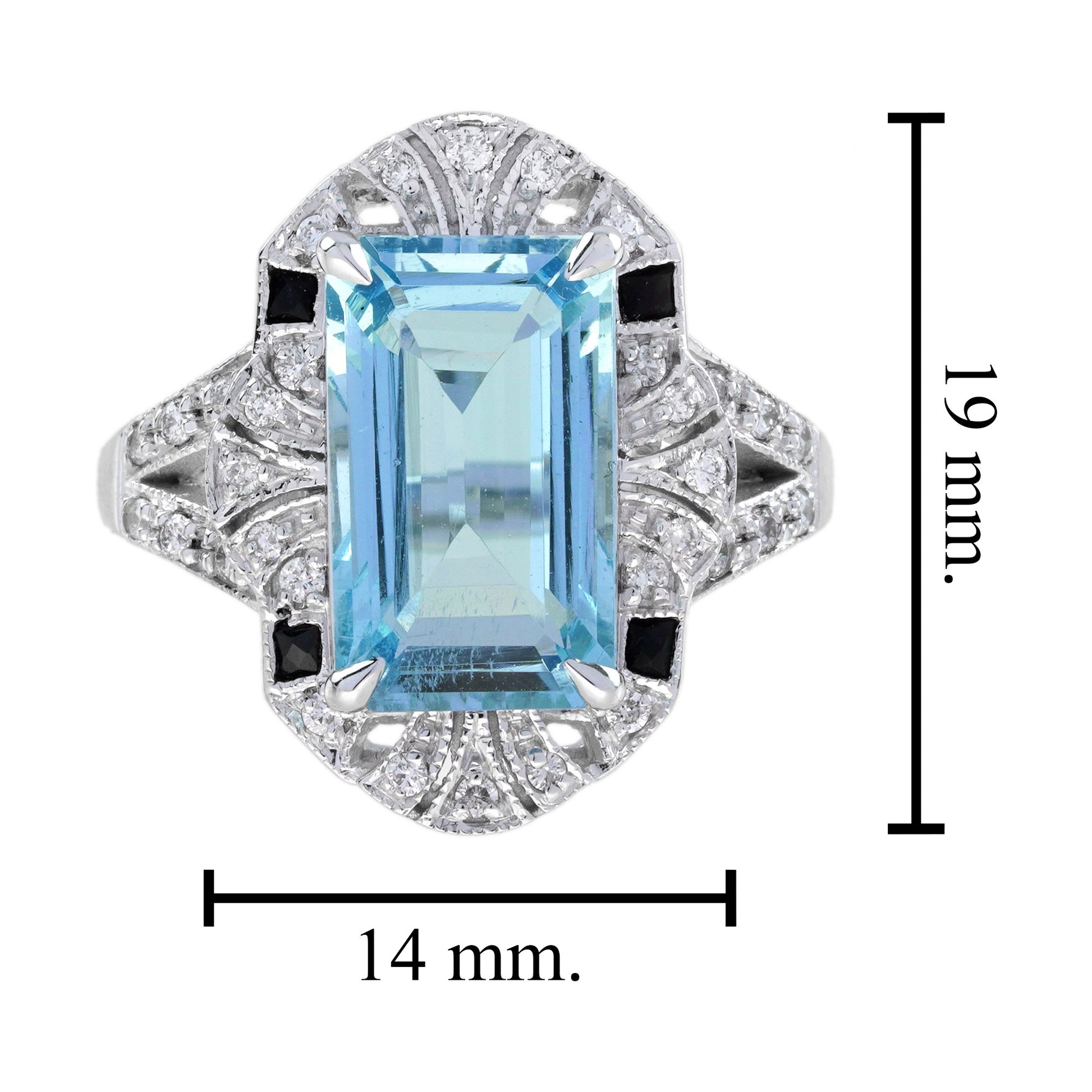 Rectangle Aquamarine Onyx Diamond Vintage Inspire Art Deco Style White Gold Ring
