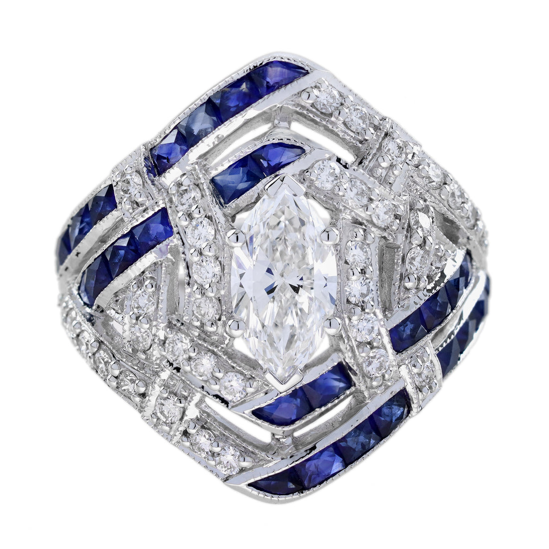 GIA 1 Ct Marquise Diamond Blue Sapphire Art Deco Style 18K White Gold Ring