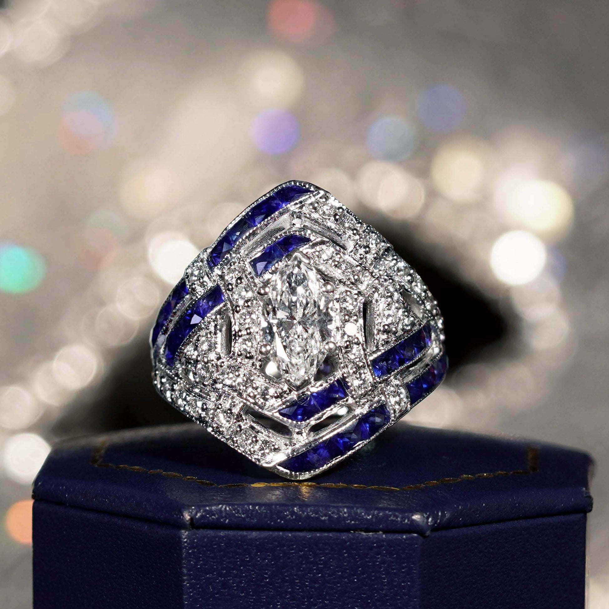 GIA 1 Ct Marquise Diamond Blue Sapphire Art Deco Style 18K White Gold Ring