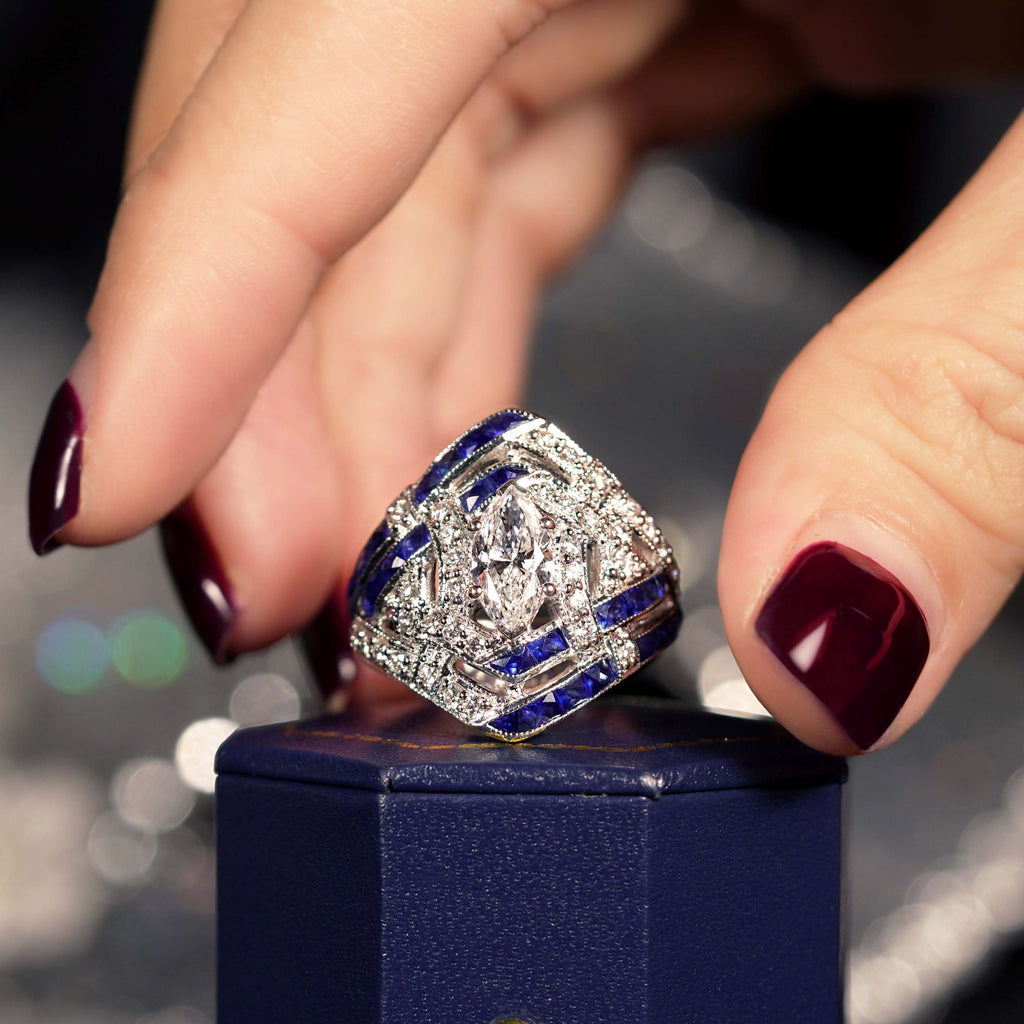GIA 1 Ct Marquise Diamond Blue Sapphire Art Deco Style 18K White Gold Ring