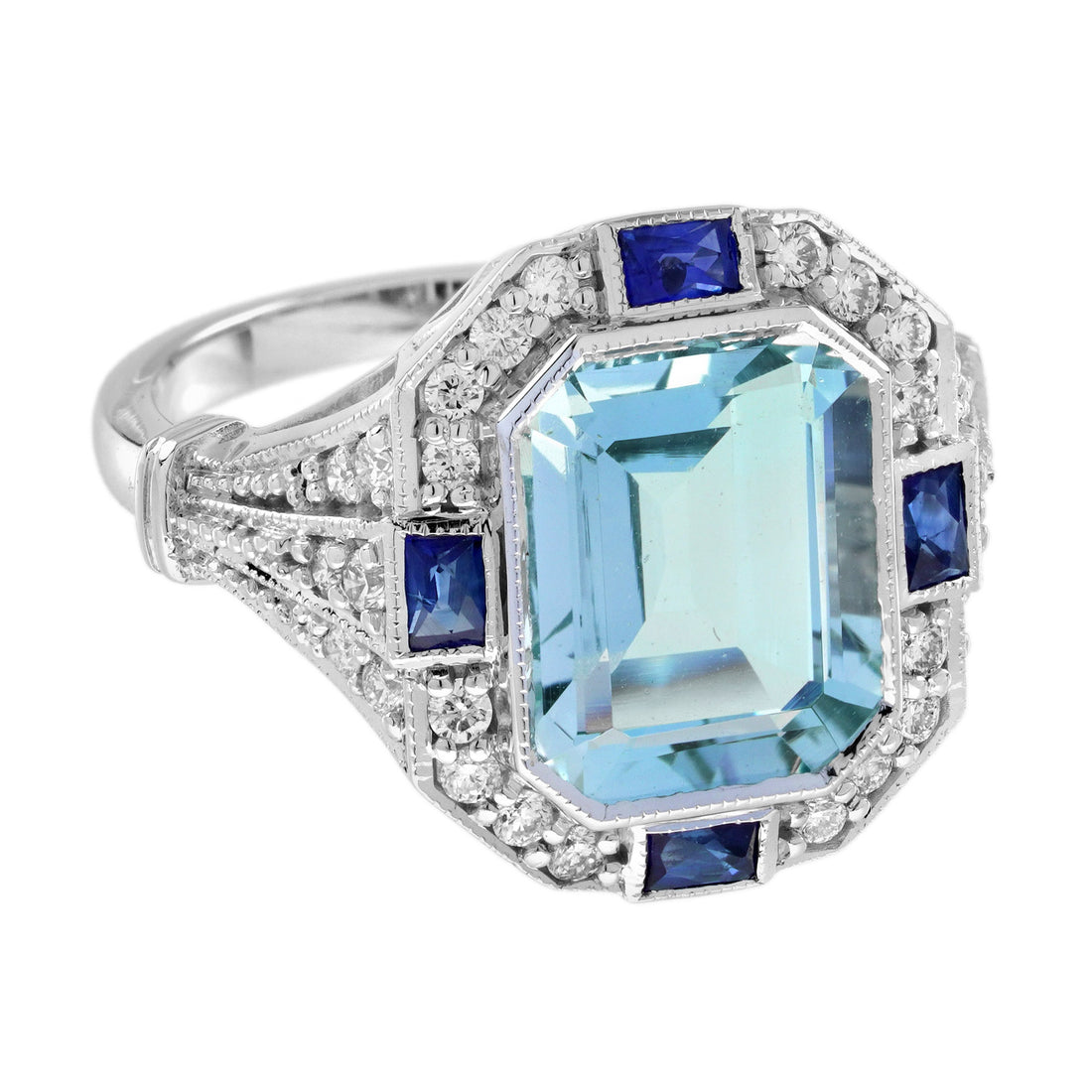Octagon Blue Aquamarine &amp; Sapphire Diamond Art Deco Style White Gold Ring