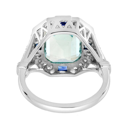 Octagon Blue Aquamarine &amp; Sapphire Diamond Art Deco Style White Gold Ring