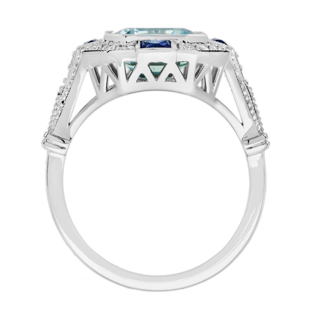 Octagon Blue Aquamarine & Sapphire Diamond Art Deco Style White Gold Ring