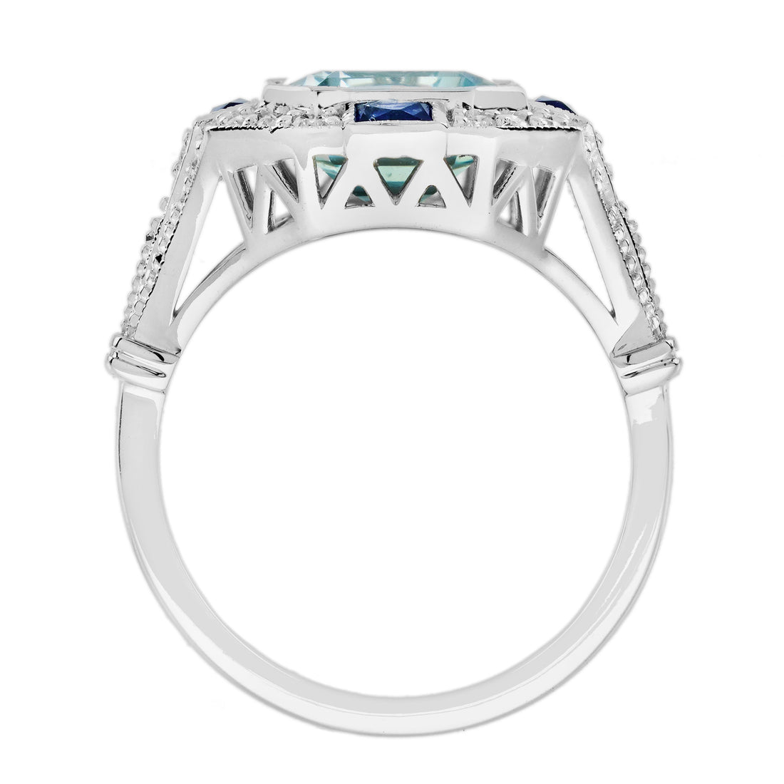Octagon Blue Aquamarine &amp; Sapphire Diamond Art Deco Style White Gold Ring