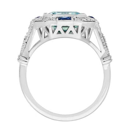 Octagon Blue Aquamarine &amp; Sapphire Diamond Art Deco Style White Gold Ring