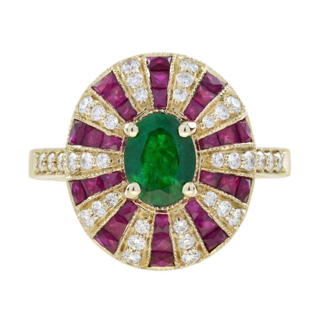 Green Emerald & Red Ruby Diamond Art Deco Style 18 Yellow Gold Ring