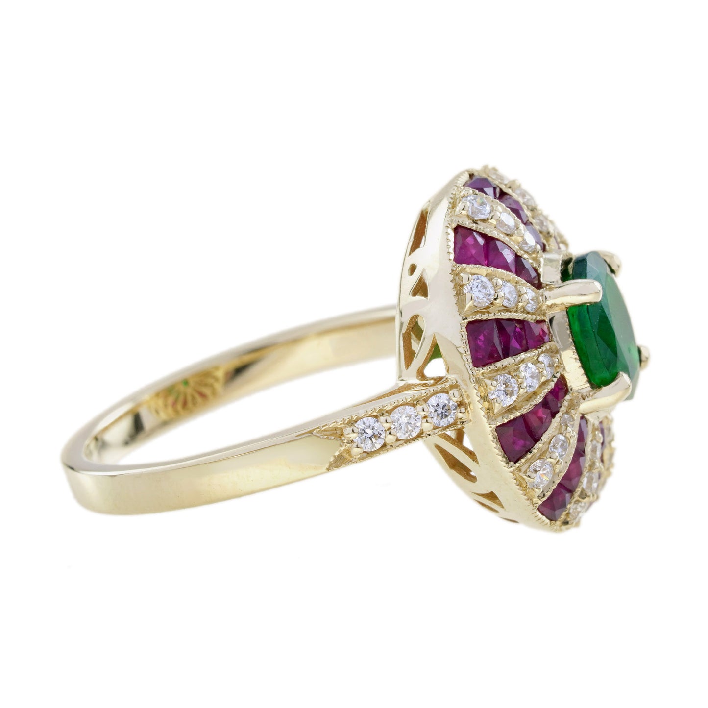 green emerald & red ruby diamond art deco style 18 yellow gold ring