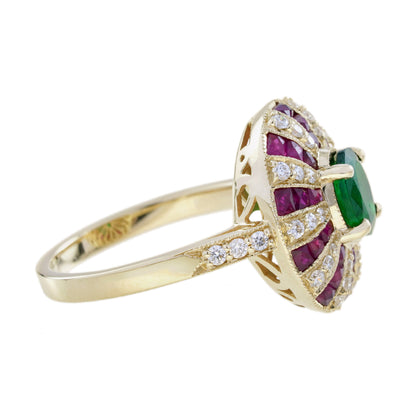 Green Emerald & Red Ruby Diamond Art Deco Style 18 Yellow Gold Ring
